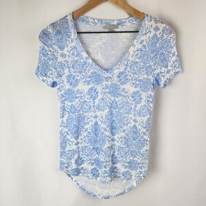 Pure Collection Women's Blue and White Linen V-Neck Top Size 2